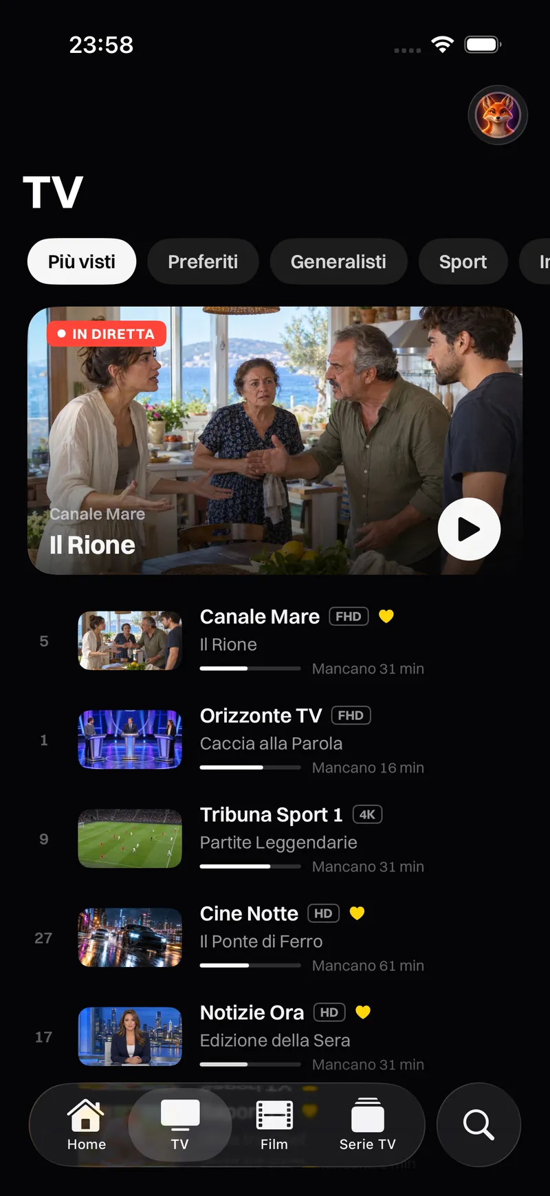 Katos su iPhone e iPad: la schermata Home, con un titolo in evidenza e righe di canali e film