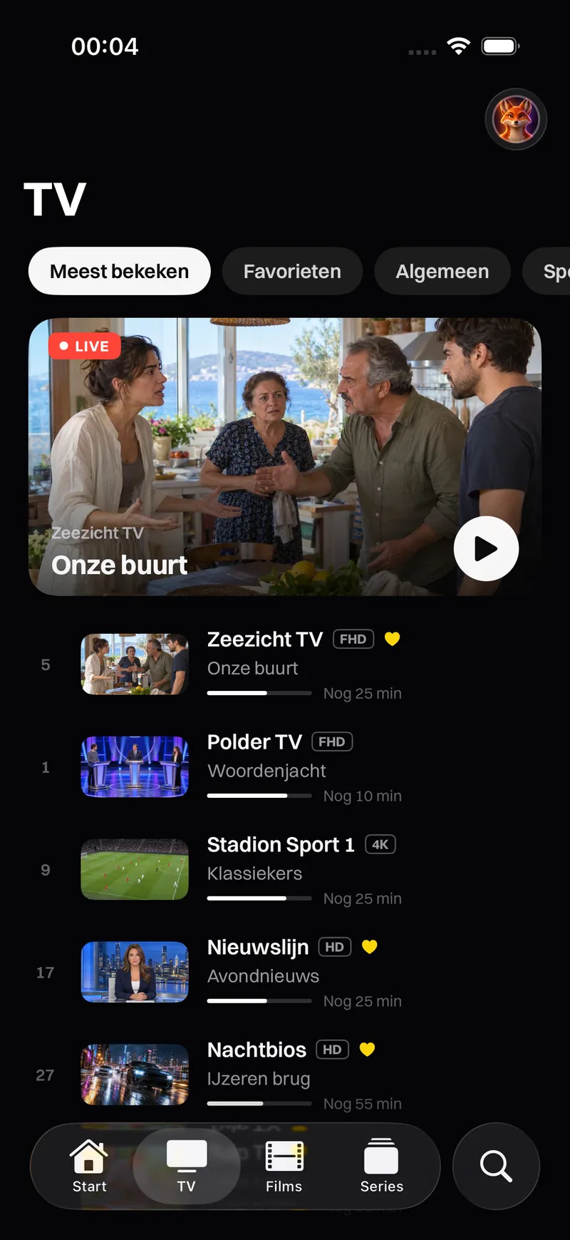 Katos op iPhone en iPad: het beginscherm, met een uitgelichte titel en rijen zenders en films