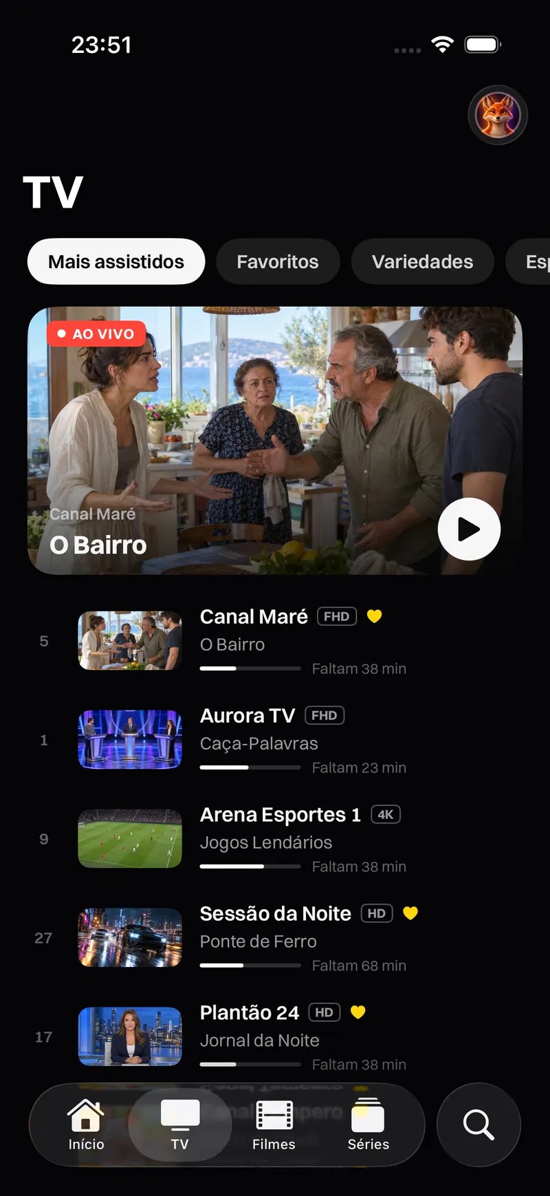 Katos (iPhone e iPad): a tela inicial, com um título em destaque e fileiras de canais e filmes