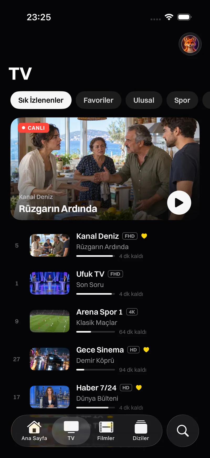 Katos (iPhone ve iPad): öne çıkan bir yapım, kanal ve film satırlarıyla ana ekran