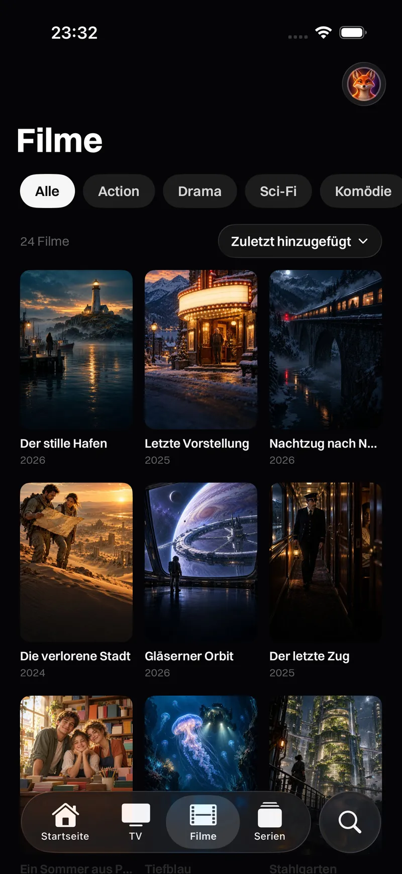 Katos auf iPhone und iPad: der Filme-Tab mit Postern nach Kategorie