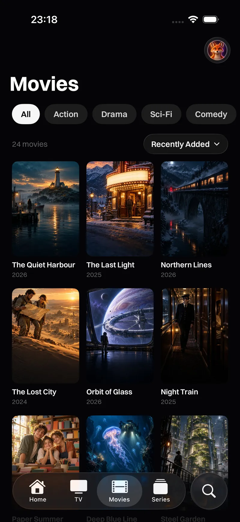 Katos on iPhone and iPad: the Movies tab, with posters by category