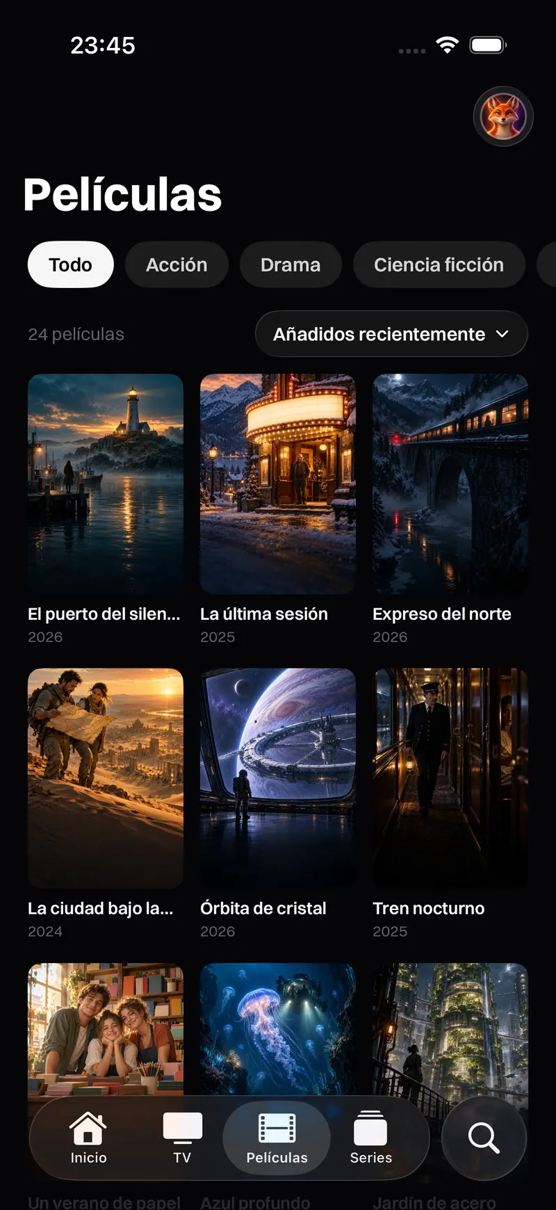 Katos en iPhone y iPad: la pestaña Películas, con carteles por categoría