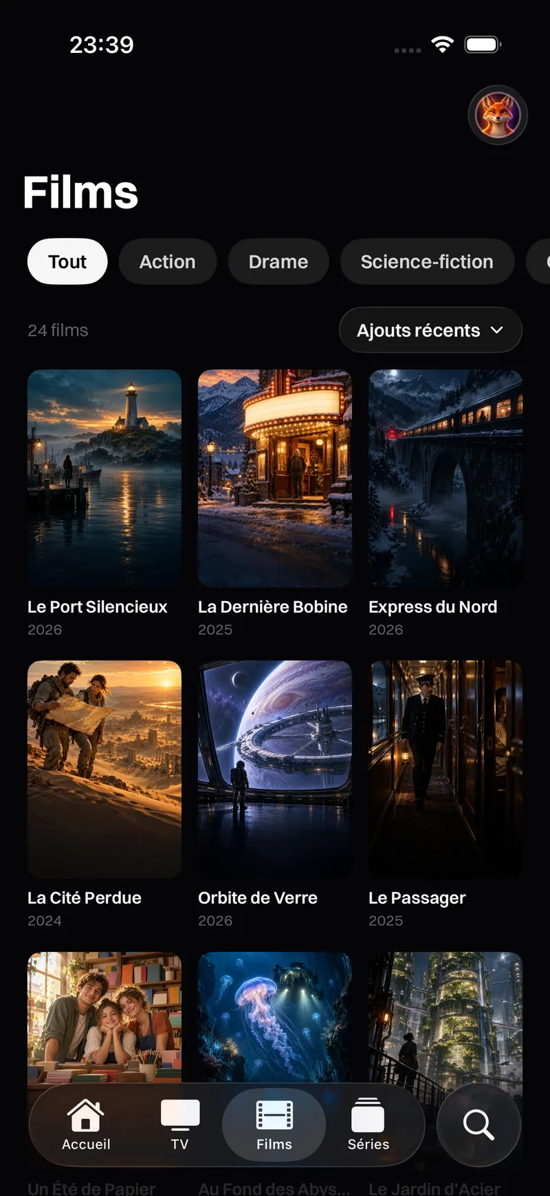 Katos sur iPhone et iPad : l’onglet Films, avec les affiches par catégorie