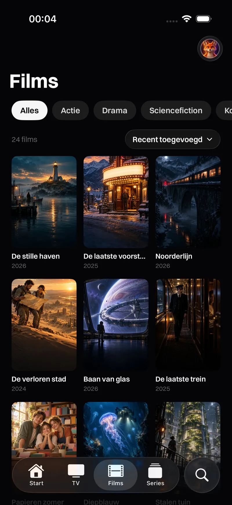Katos op iPhone en iPad: het tabblad Films, met posters per categorie