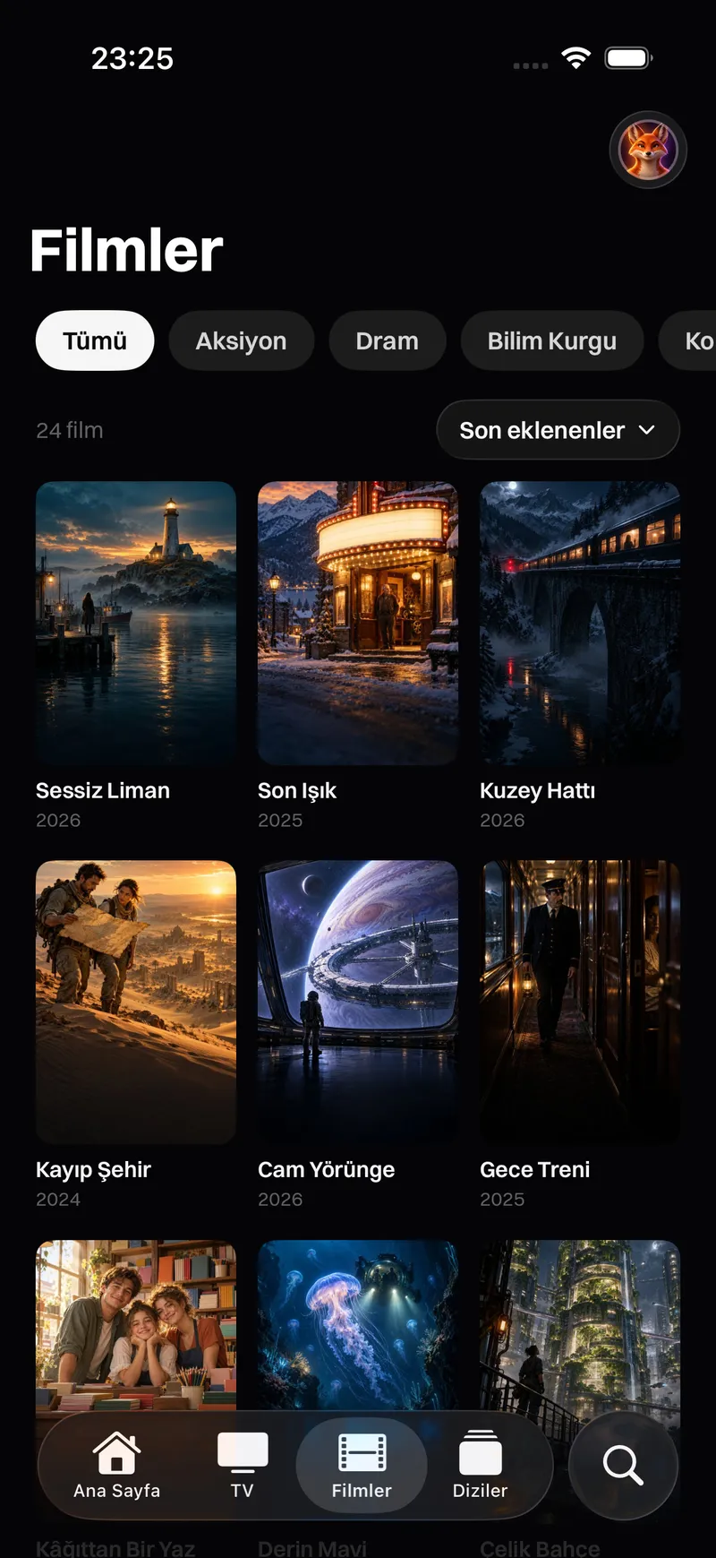 Katos (iPhone ve iPad): kategorilere göre afişlerle Filmler sekmesi