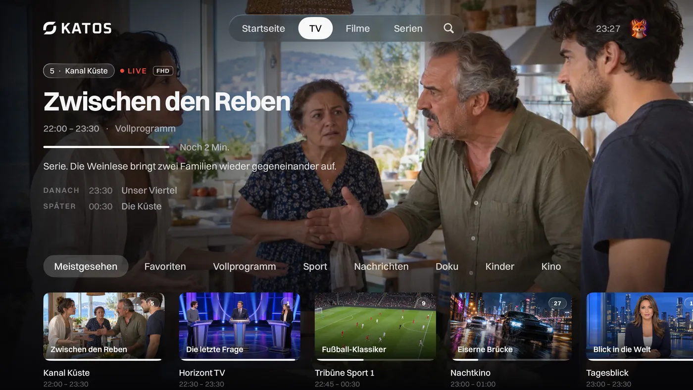 Katos auf Apple TV: der TV-Tab mit Live-Sendern und dem, was gerade läuft