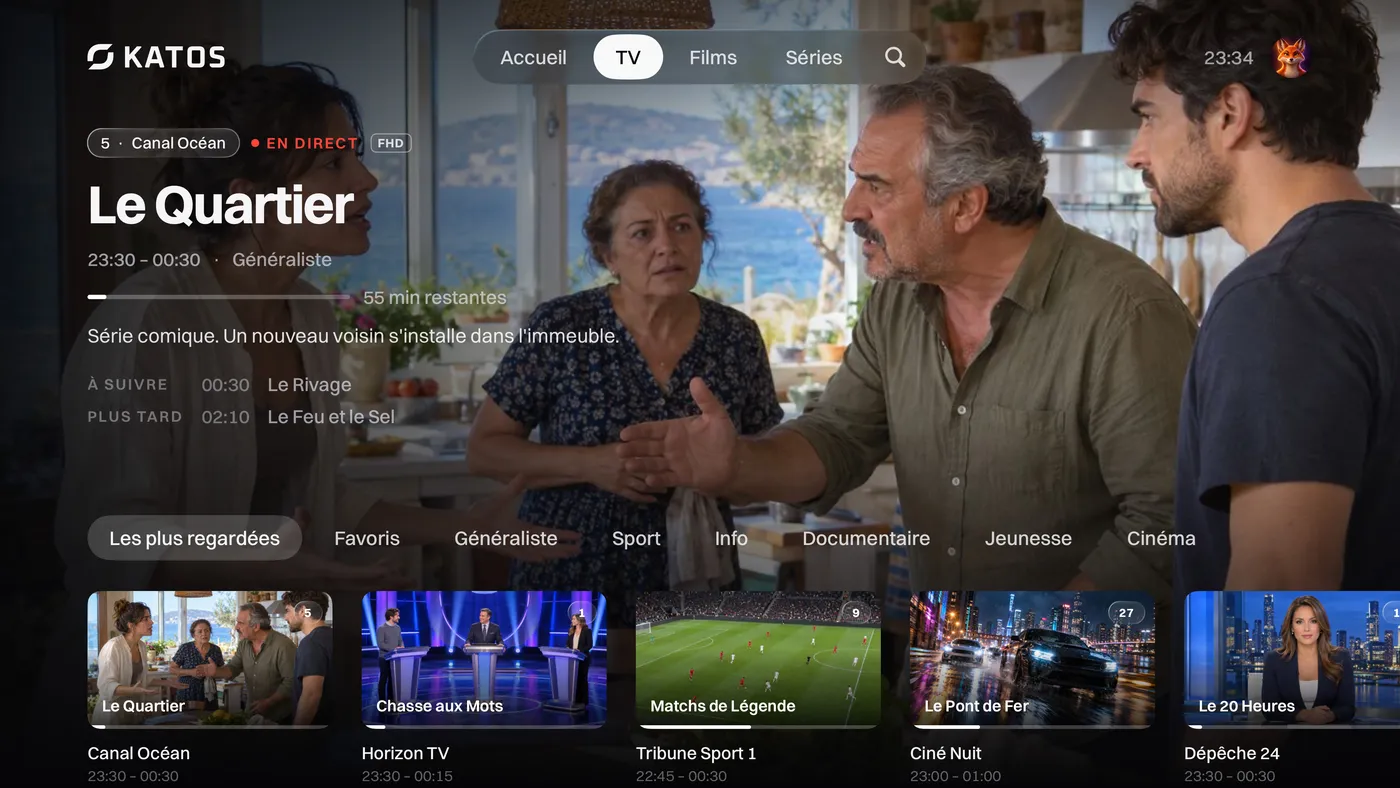 Katos sur Apple TV : l’onglet TV, avec les chaînes en direct et ce qui passe maintenant