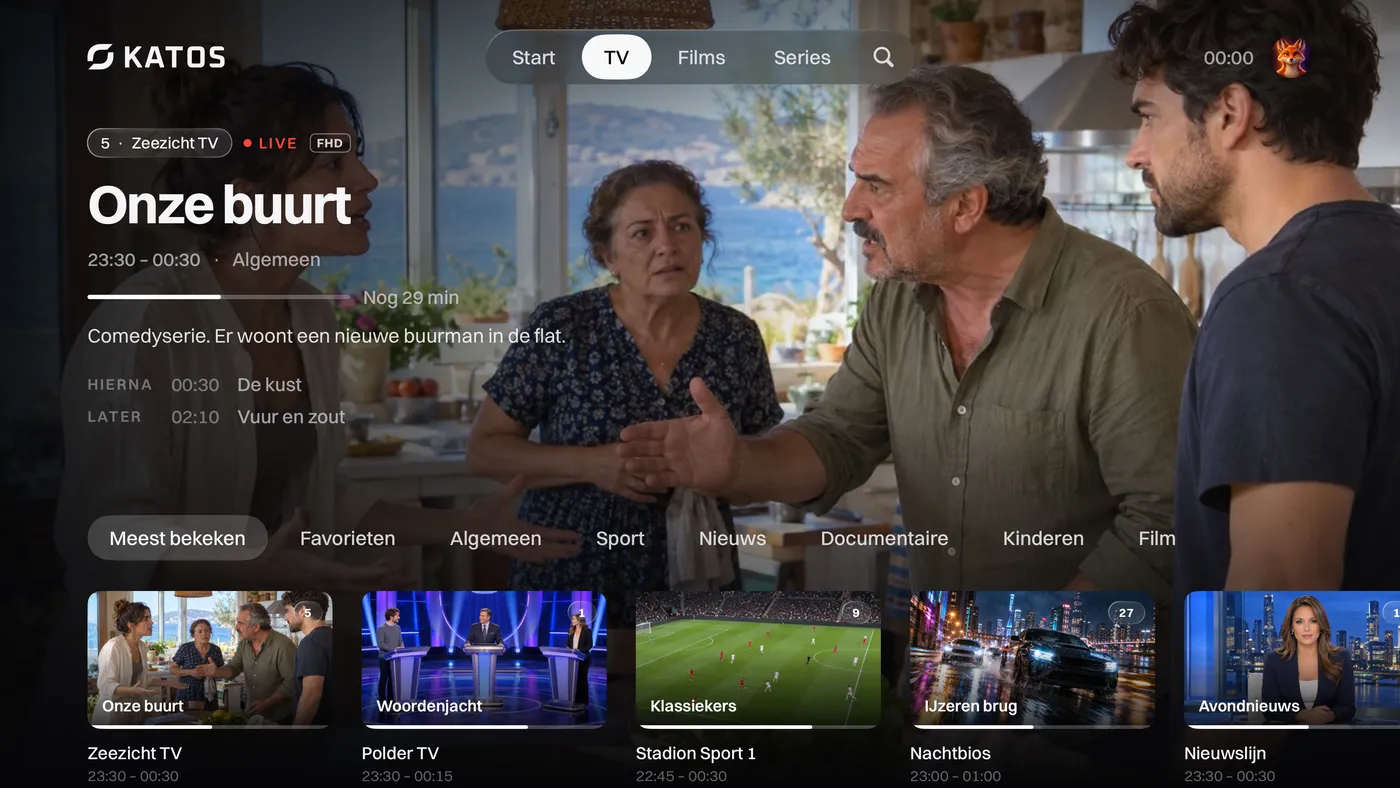 Katos op Apple TV: het tabblad TV, met livezenders en wat er nu op is
