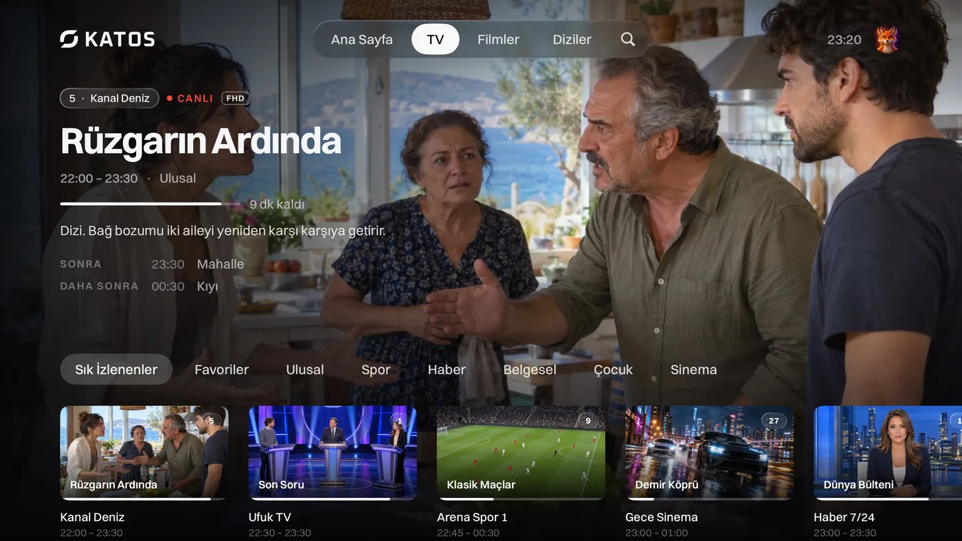 Katos (Apple TV): canlı kanallar ve şu an yayında olanlarla TV sekmesi