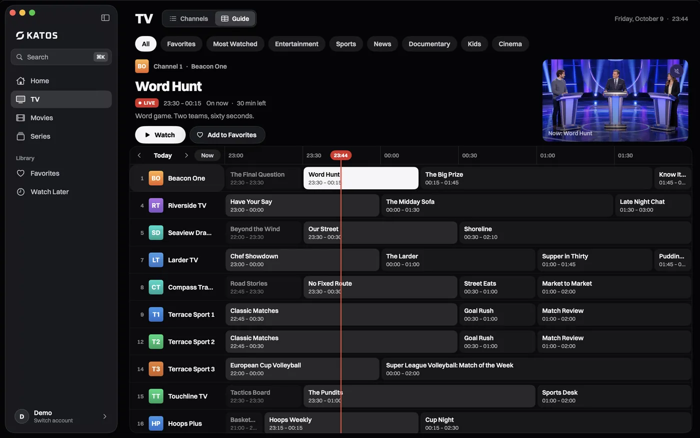 Katos on Mac: the TV guide, with programs by channel and time