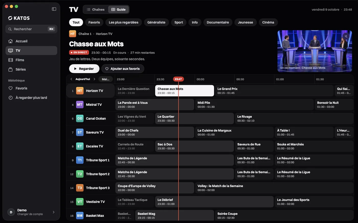 Katos sur Mac : le guide TV, avec les programmes par chaîne et par heure