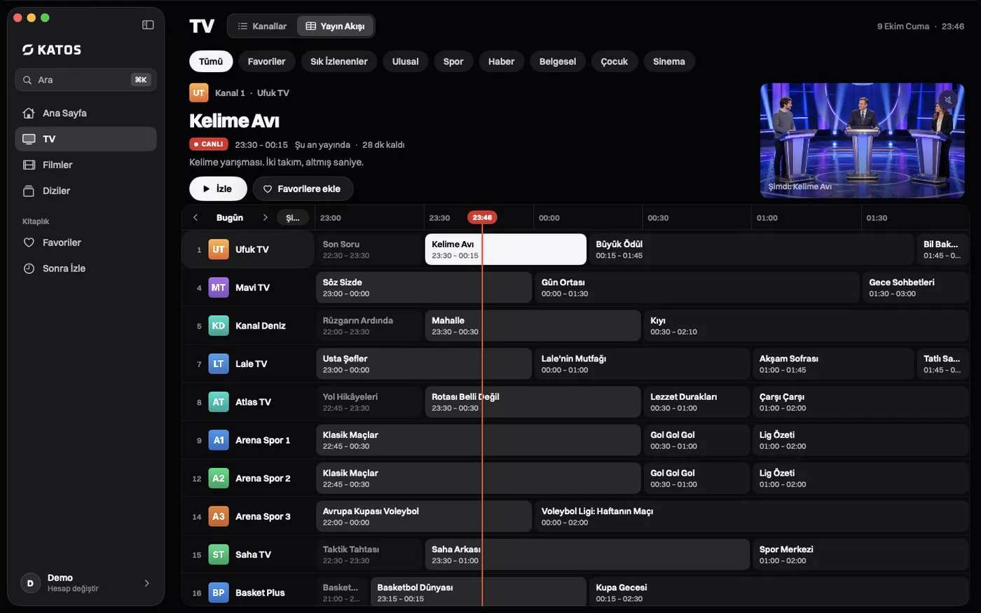 Katos (Mac): kanala ve saate göre programlarla yayın akışı