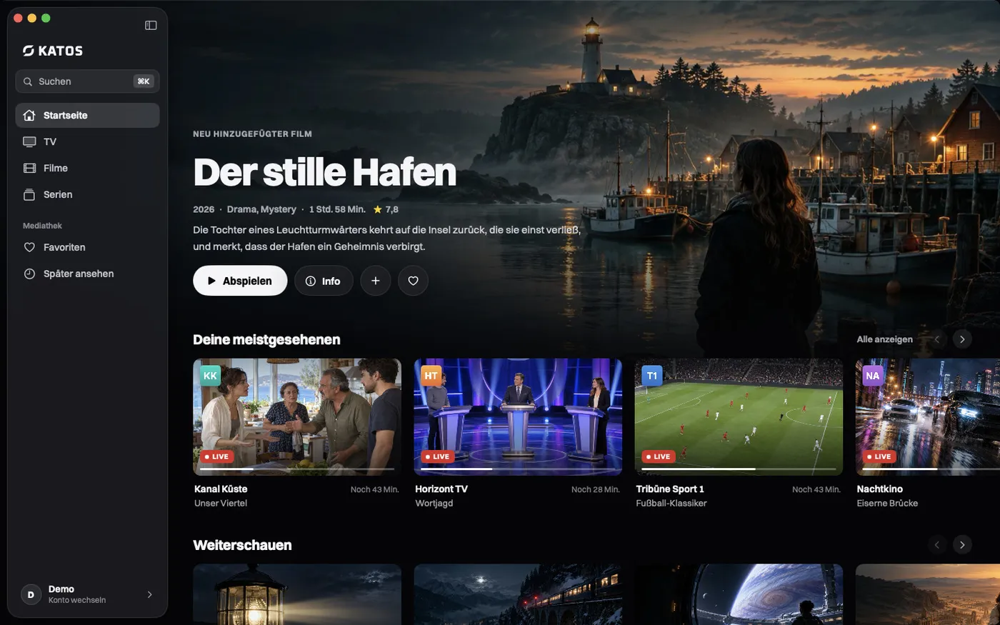 Katos auf Mac: der Startbildschirm mit einem Titel im Fokus und Reihen mit Sendern und Filmen