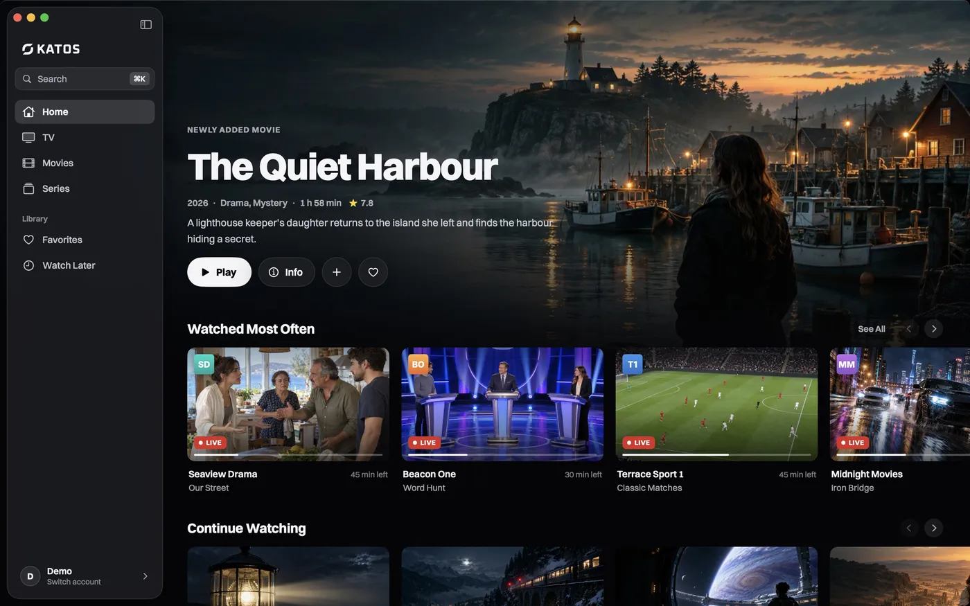 Katos on Mac: the home screen, with a featured title and rows of channels and movies