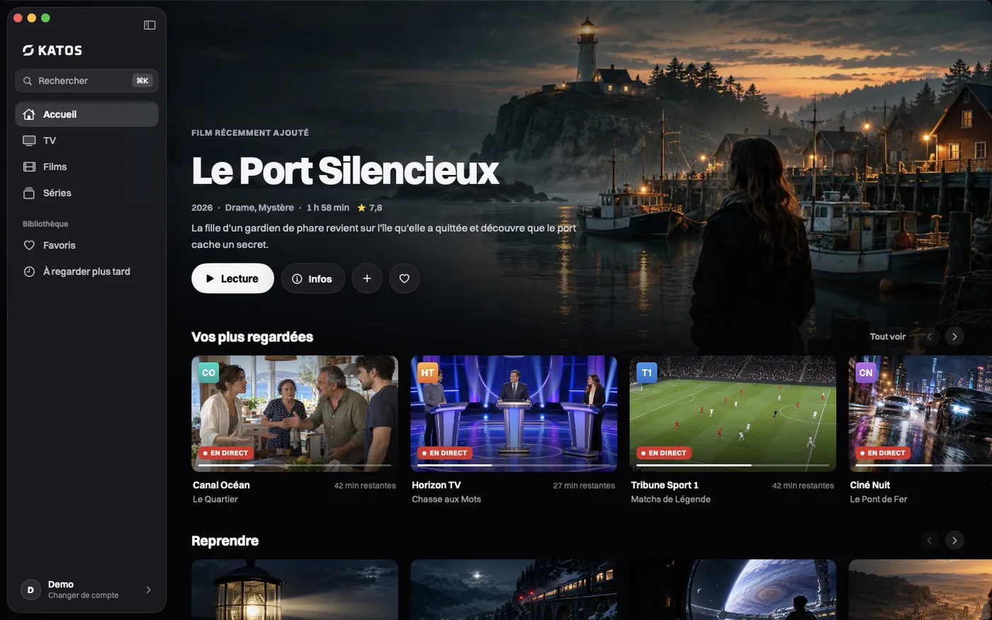 Katos sur Mac : l’écran d’accueil, avec un titre à la une et des rangées de chaînes et de films