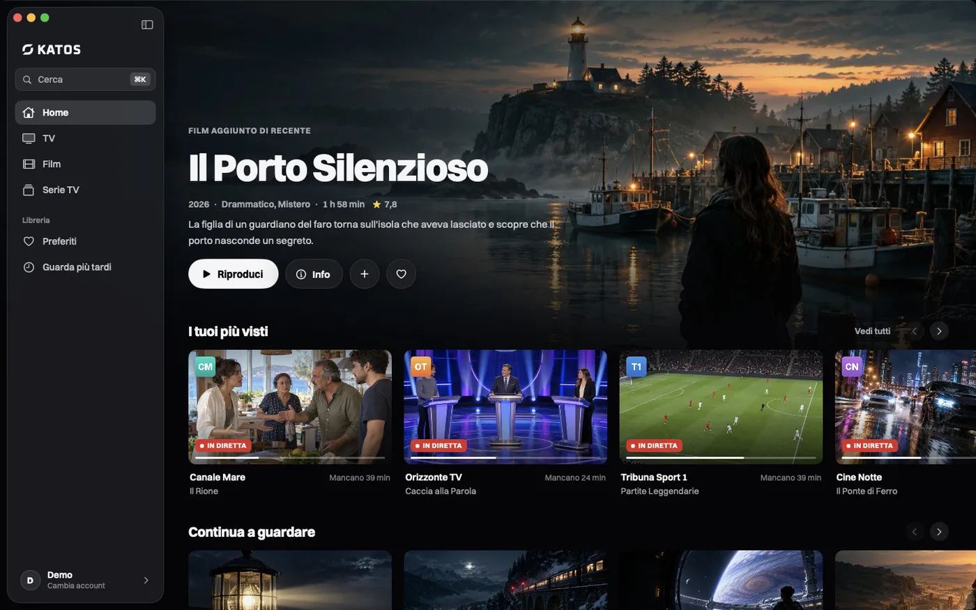Katos su Mac: la schermata Home, con un titolo in evidenza e righe di canali e film