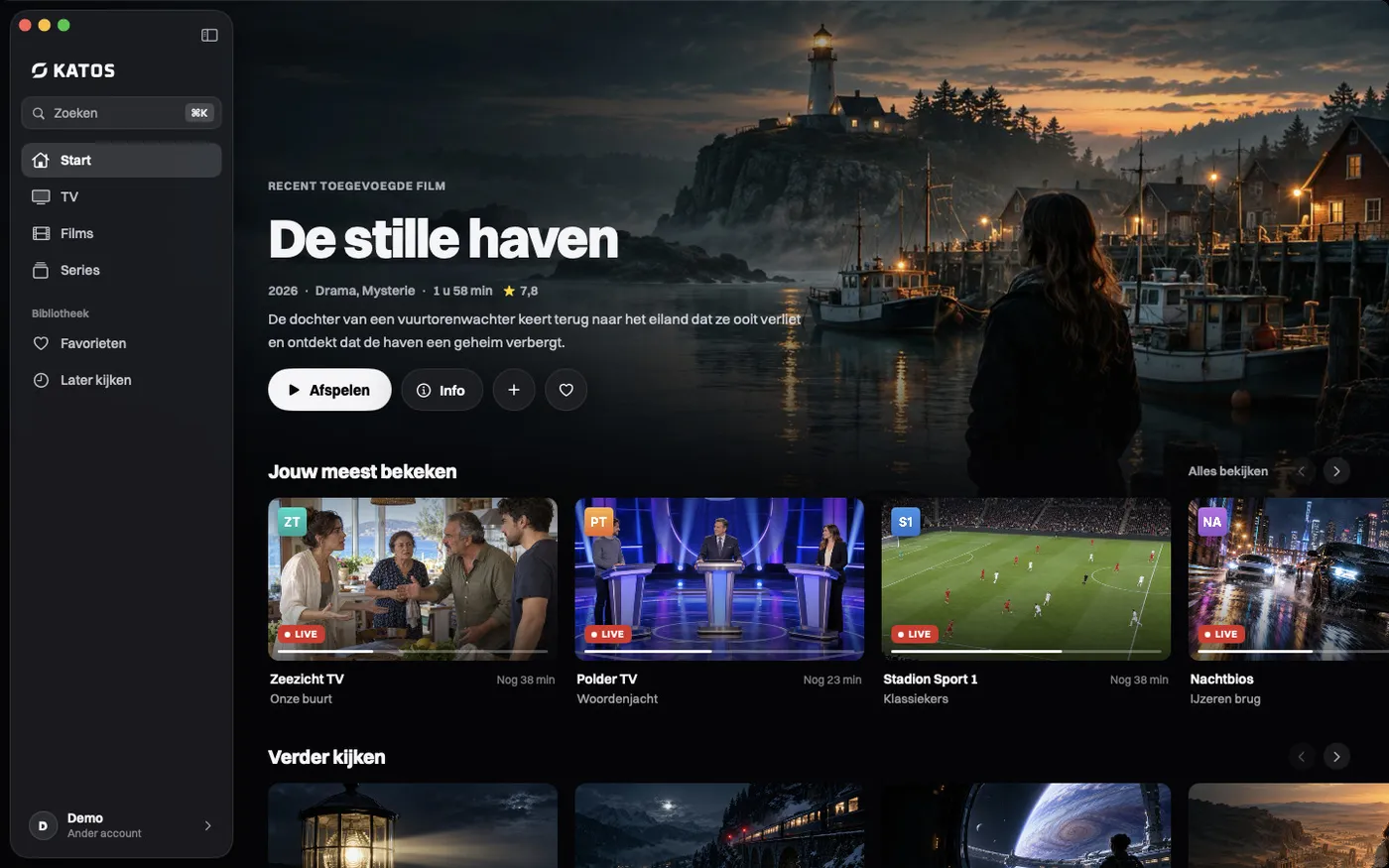 Katos op Mac: het beginscherm, met een uitgelichte titel en rijen zenders en films