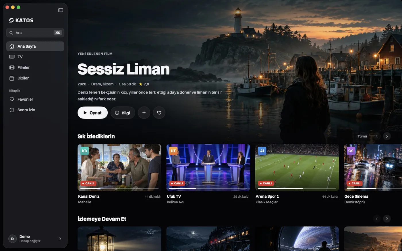 Katos (Mac): öne çıkan bir yapım, kanal ve film satırlarıyla ana ekran