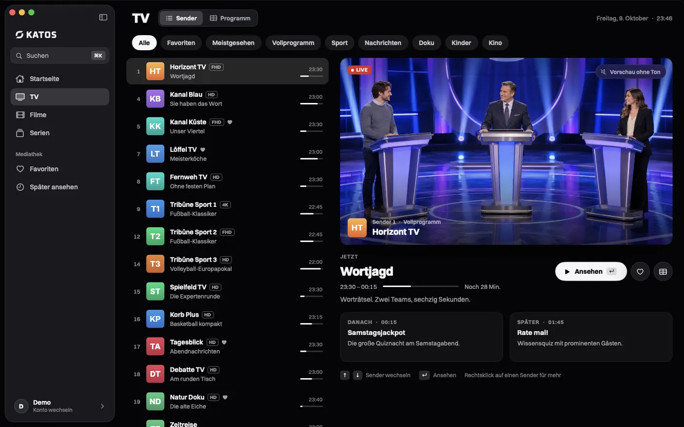 Katos auf Mac: der TV-Tab mit Live-Sendern und dem, was gerade läuft