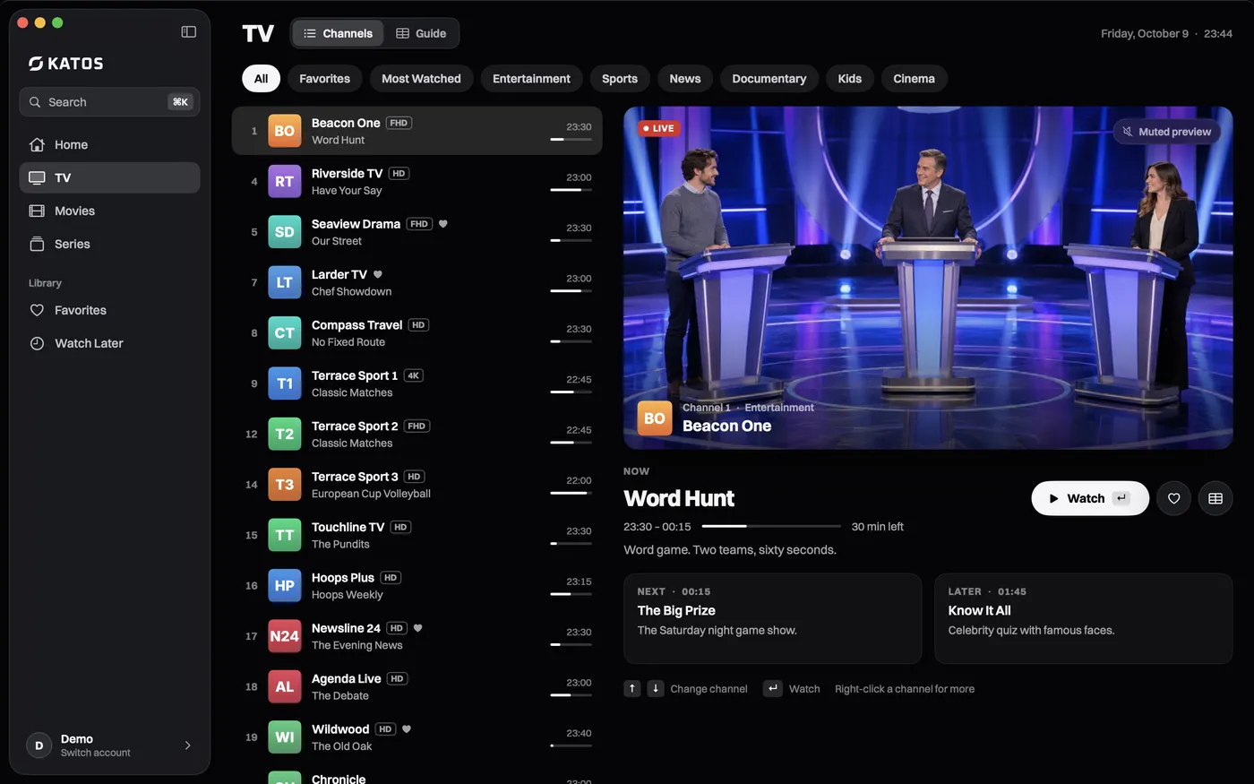 Katos on Mac: the TV tab, with live channels and what’s on now
