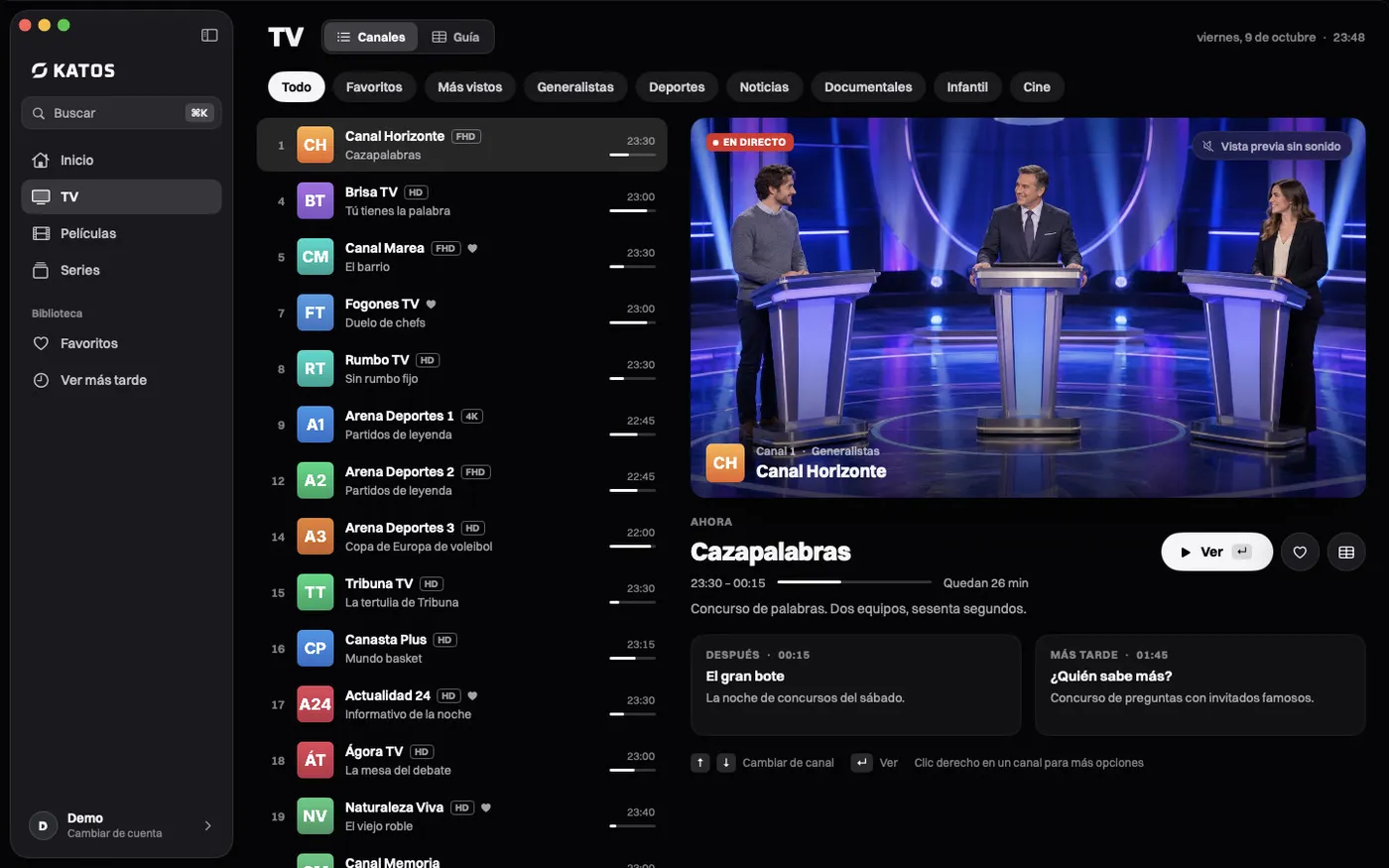 Katos en Mac: la pestaña TV, con los canales en directo y lo que se emite ahora