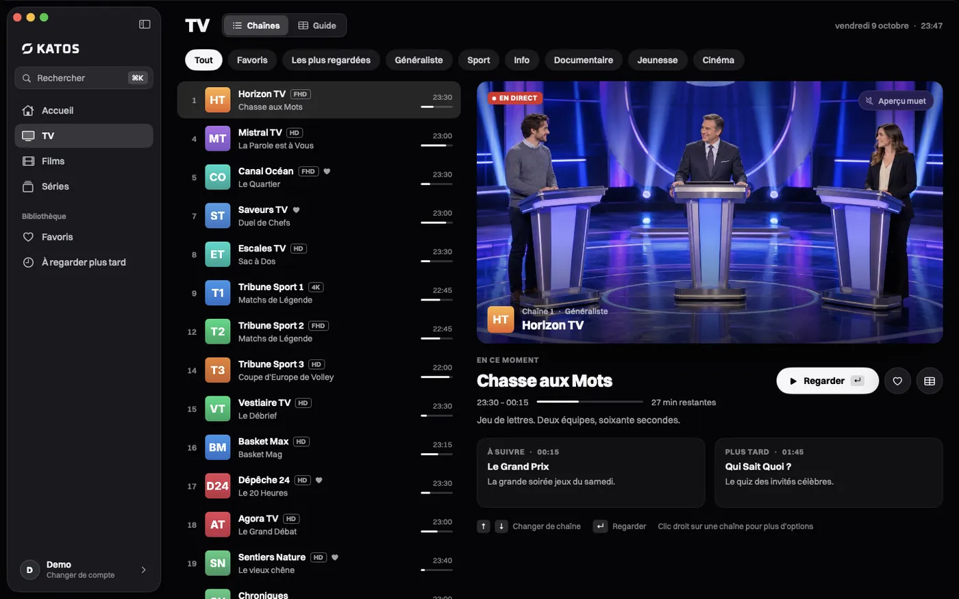 Katos sur Mac : l’onglet TV, avec les chaînes en direct et ce qui passe maintenant