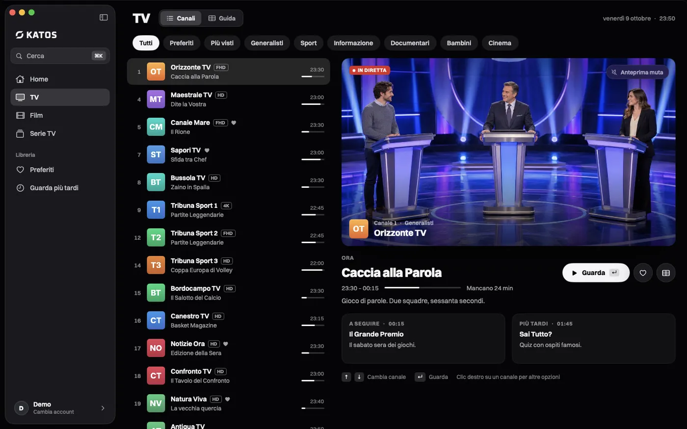 Katos su Mac: la scheda TV, con i canali in diretta e cosa va in onda ora