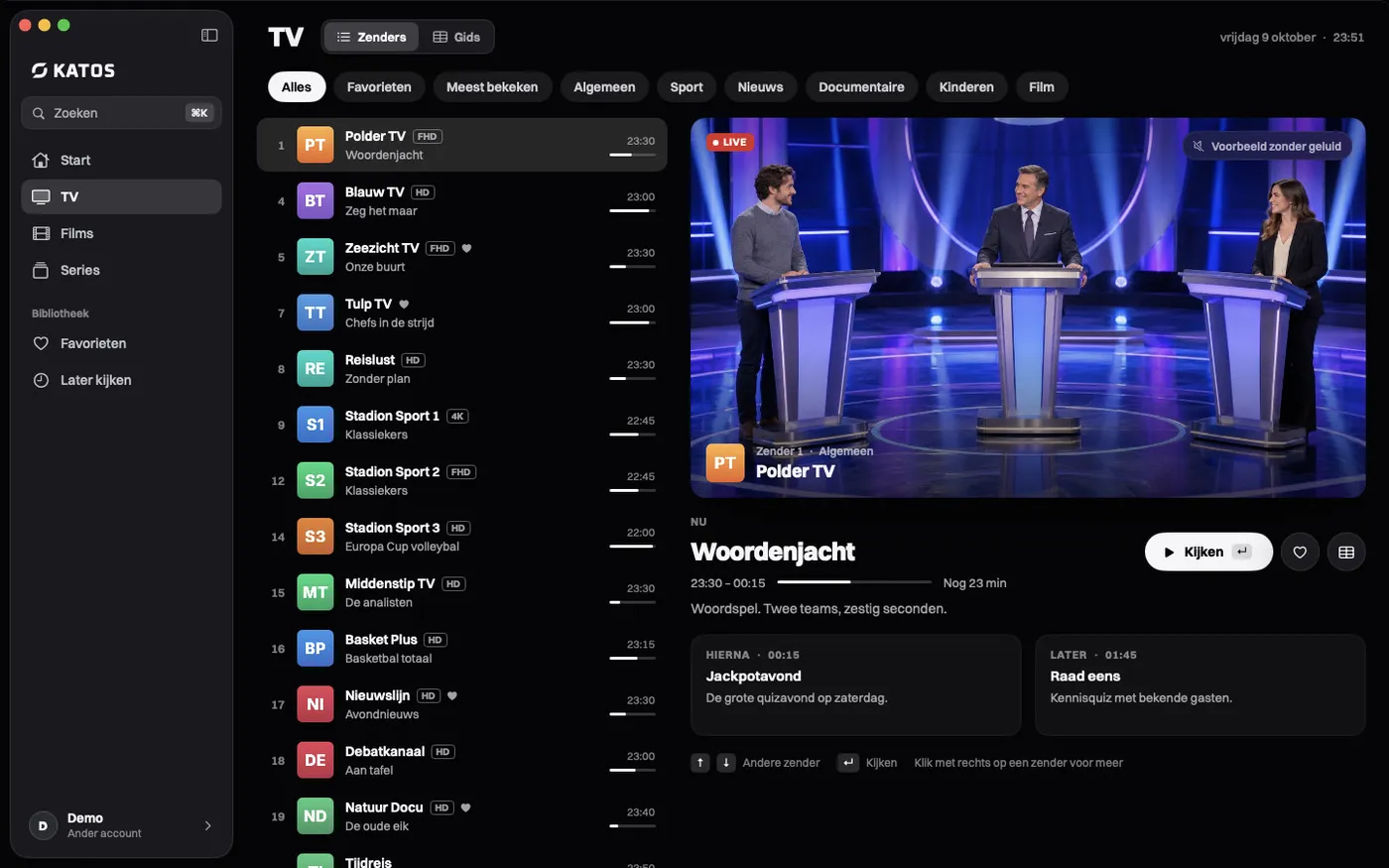 Katos op Mac: het tabblad TV, met livezenders en wat er nu op is