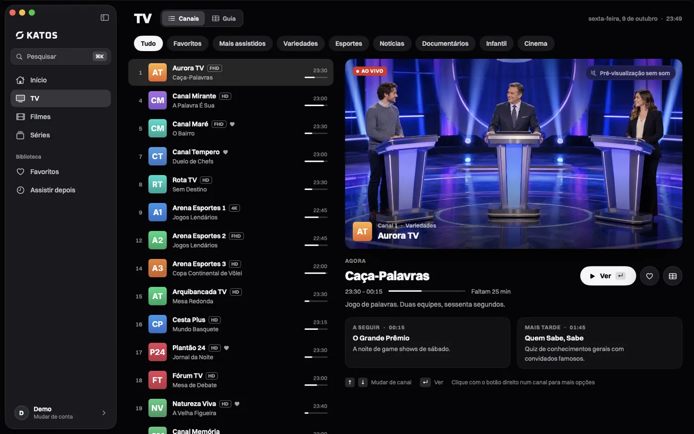 Katos (Mac): a aba TV, com canais ao vivo e o que está passando agora
