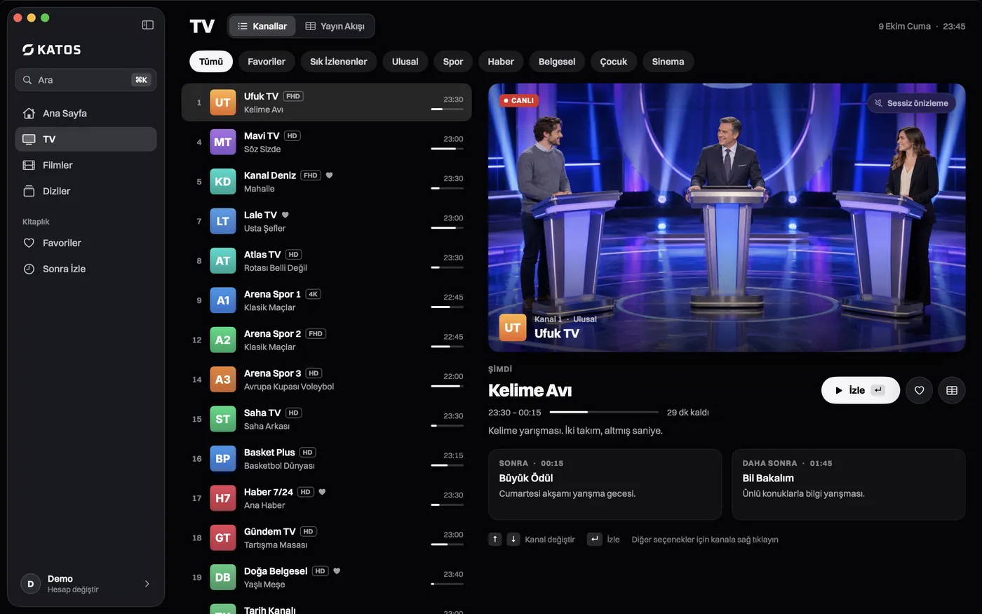 Katos (Mac): canlı kanallar ve şu an yayında olanlarla TV sekmesi