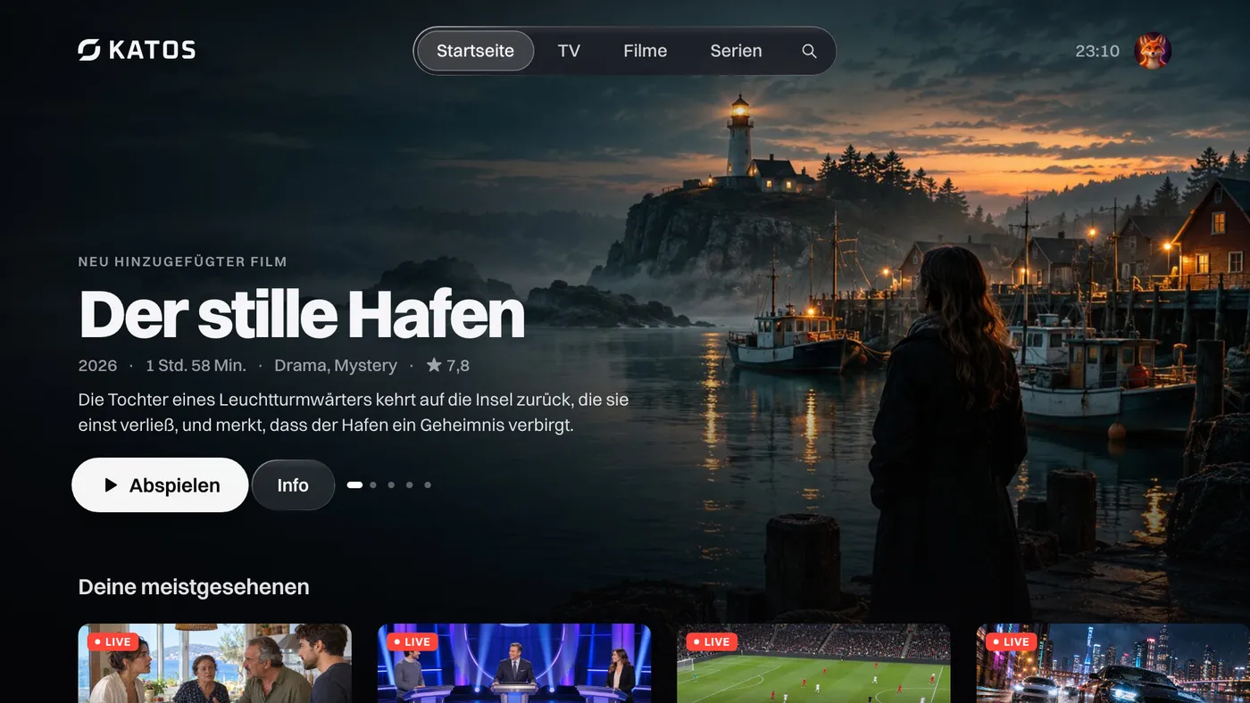 Katos auf LG-Fernseher: der Startbildschirm mit einem Titel im Fokus und Reihen mit Sendern und Filmen
