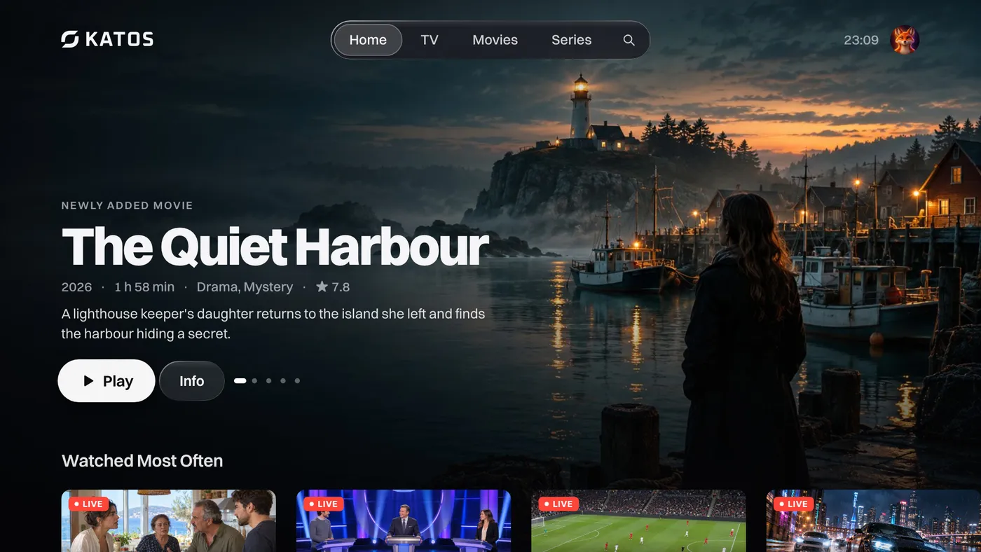 Katos on LG TVs: the home screen, with a featured title and rows of channels and movies