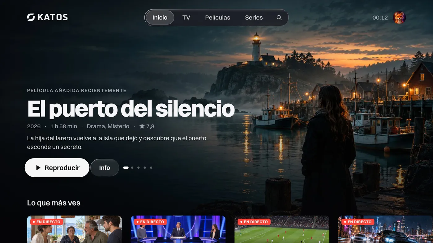 Katos en televisores LG: la pantalla de inicio, con un título destacado y filas de canales y películas