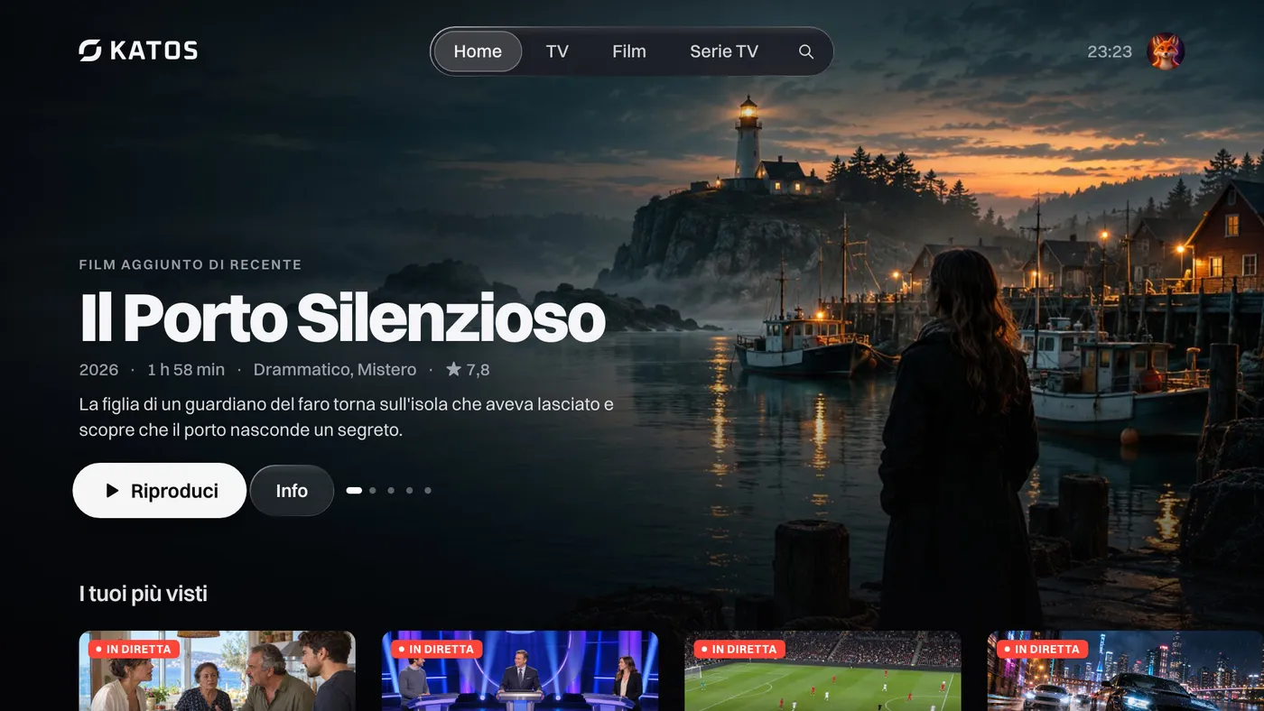 Katos su TV LG: la schermata Home, con un titolo in evidenza e righe di canali e film