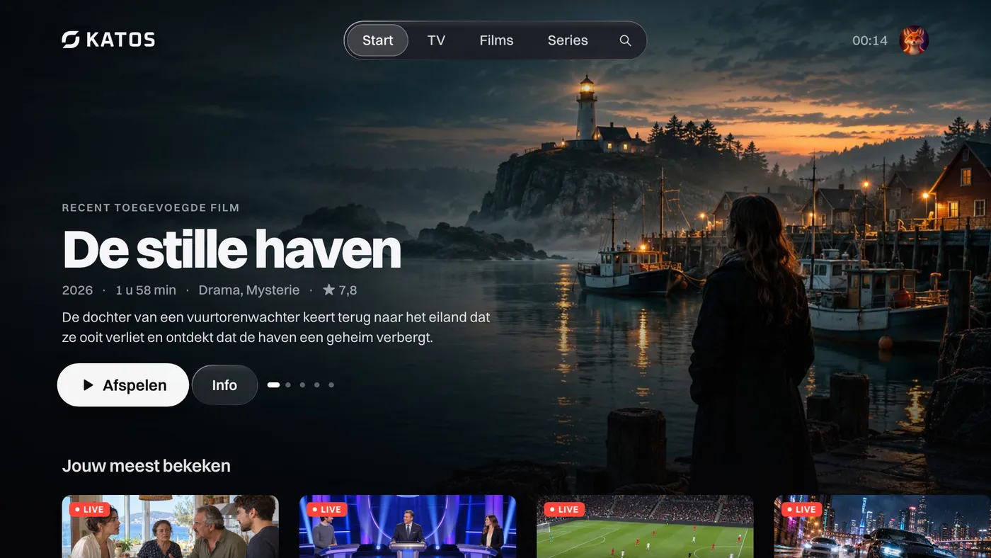 Katos op LG-tv’s: het beginscherm, met een uitgelichte titel en rijen zenders en films