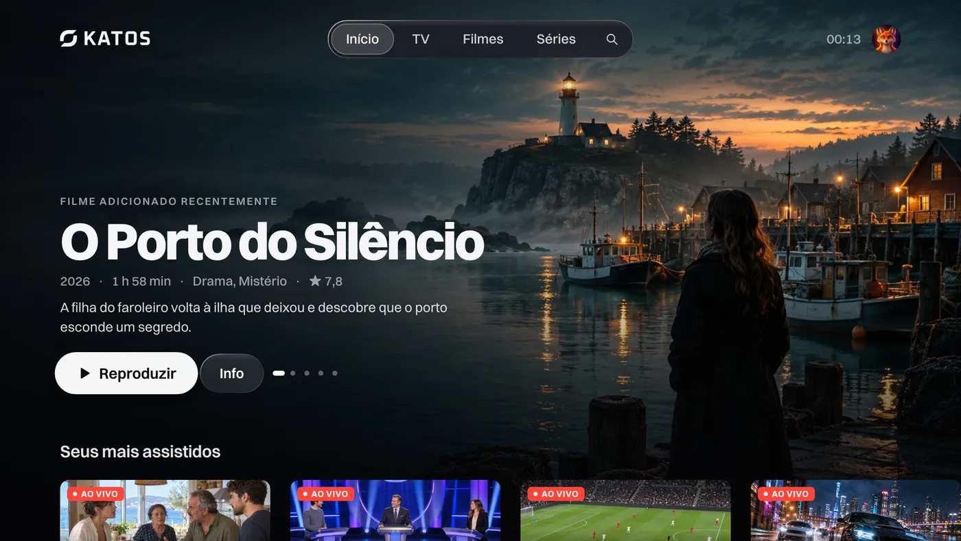 Katos (TVs LG): a tela inicial, com um título em destaque e fileiras de canais e filmes