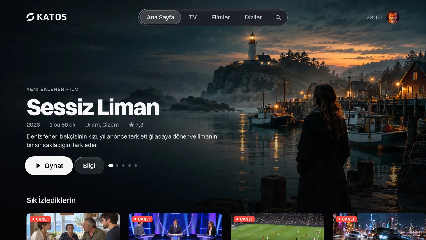 Katos (LG TV’ler): öne çıkan bir yapım, kanal ve film satırlarıyla ana ekran
